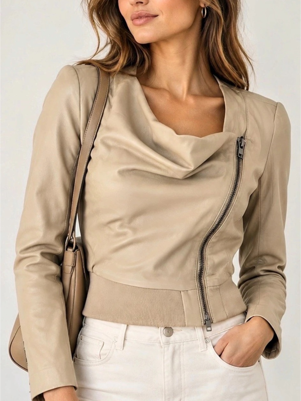 Leith 100% Leather Moto Jacket S Cream Draped Collar Asymmetrical Zip EUC